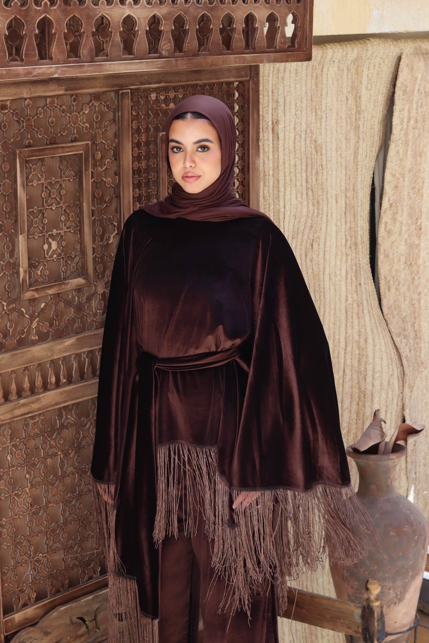 Vira Fringe Velvet Set In Brown
