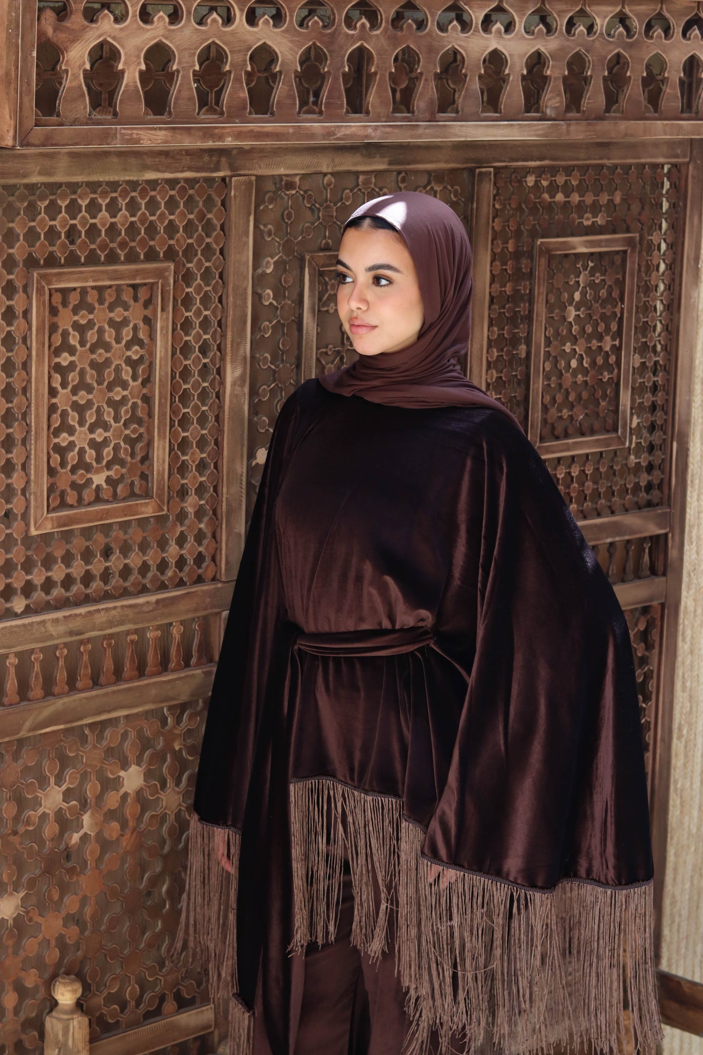Vira Fringe Velvet Set In Brown