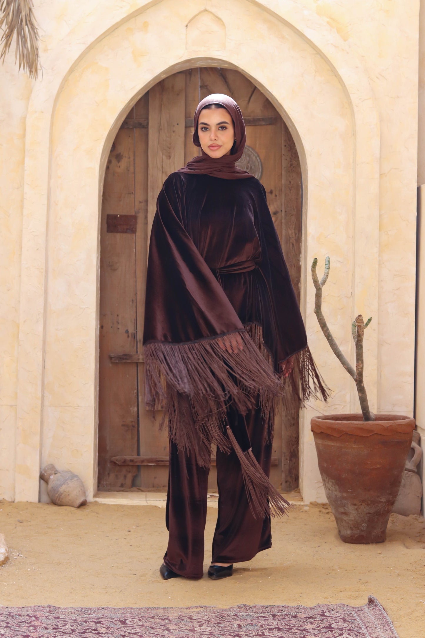 Vira Fringe Velvet Set In Brown